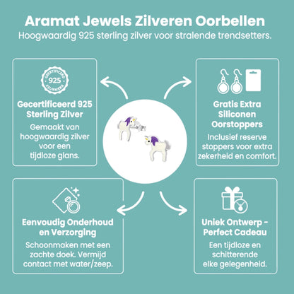 Zilveren Eenhoorn Oorbellen - Unicorn - 9mm - wit - paars - Aramat Jewels - Oorbellen - cadeautip
