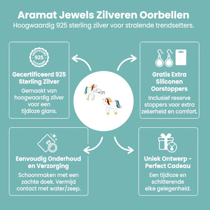 Zilveren Eenhoorn Oorbellen voor Meisje - 9x10mm - Emaille - Aramat Jewels - Oorbellen - cadeautip