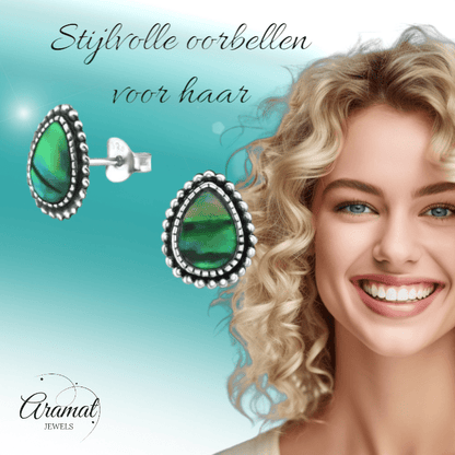 Zilveren Groen Abalone Oorbellen 12x9 mm - oor1721 - 30901 - Oorbellen kopen# - 12mm - 925 Zilver - Abalone