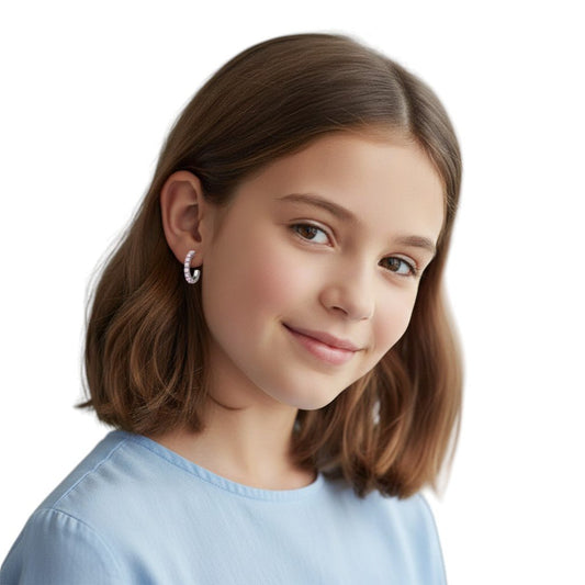 Aramat Jewels silver half hoop earrings with pink cubic zirconia stones, 14mm diameter.