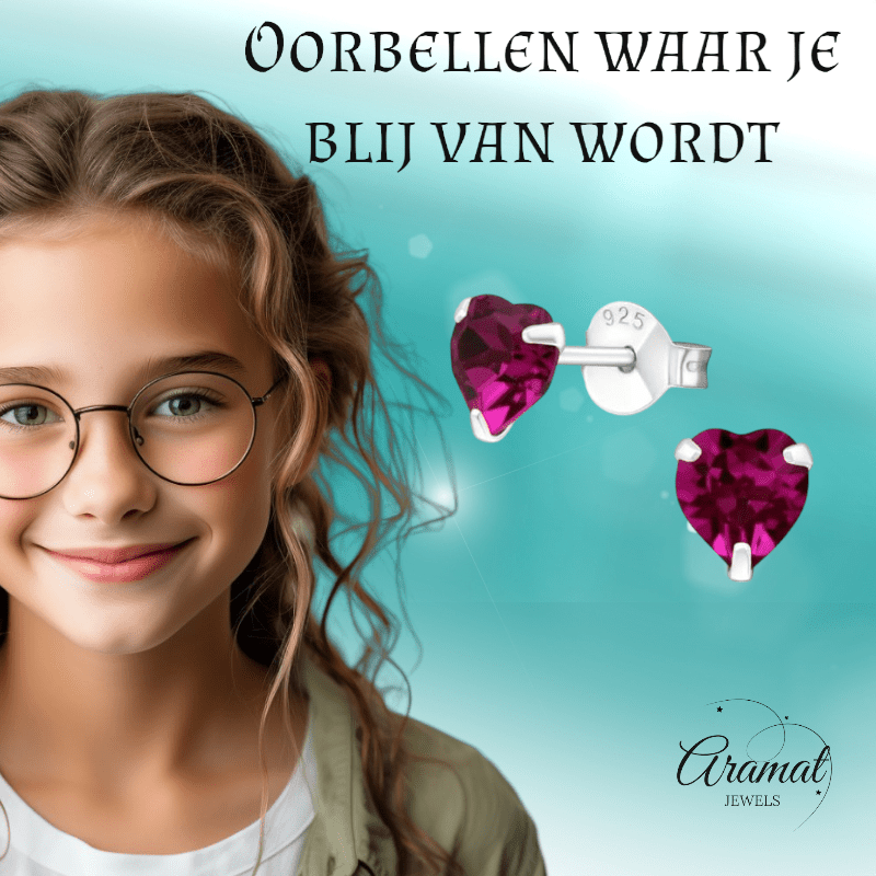 Zilveren Hartjes Oorstekers Fuchsia 5 mm - oor4966 - 24394 - Oorbellen kopen# - 5mm - 925 Zilver - alles
