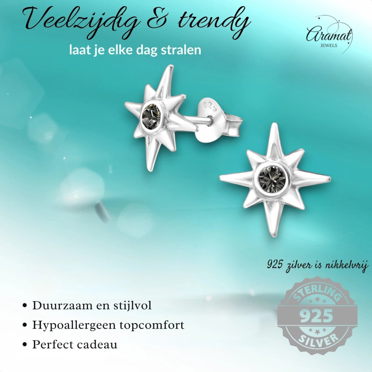 Zilveren Ishtar Ster Oorbellen - Black Diamond Kristal - oor749 - 32769 - Oorbellen kopen# - 11mm - 925 Zilver