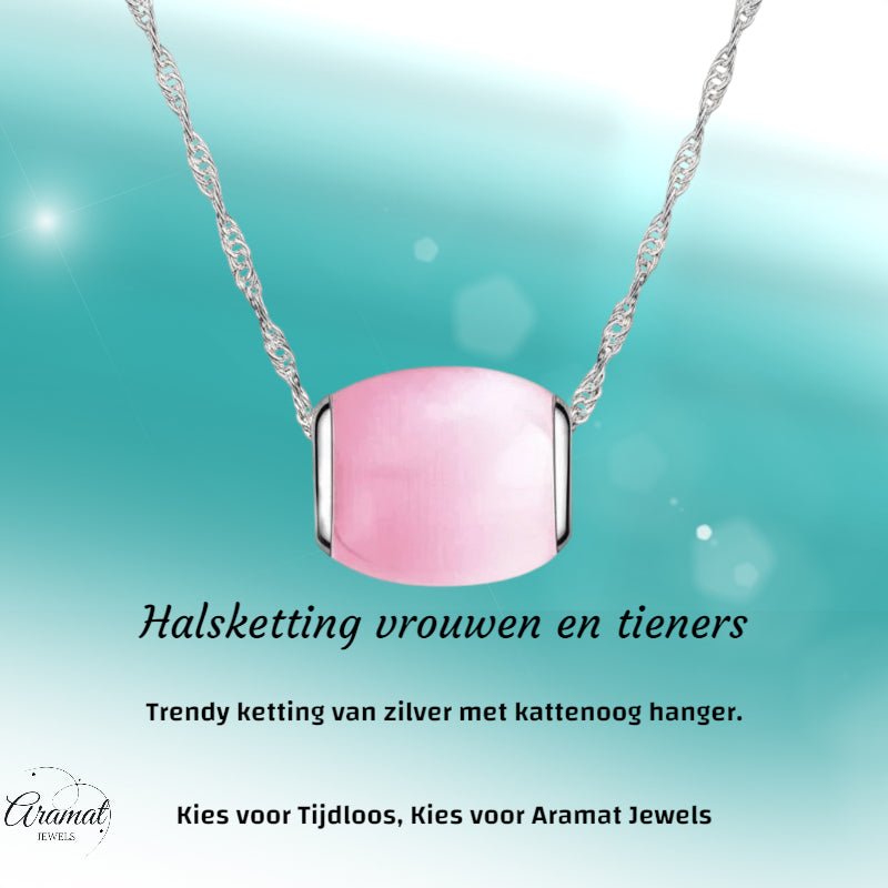 Zilveren Ketting Met Roze Kattenoogsteen - Aramat Jewels - Halskettingen - cadeautip