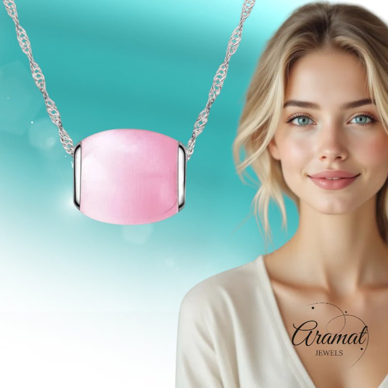 Zilveren Ketting Met Roze Kattenoogsteen - Aramat Jewels - Halskettingen - cadeautip