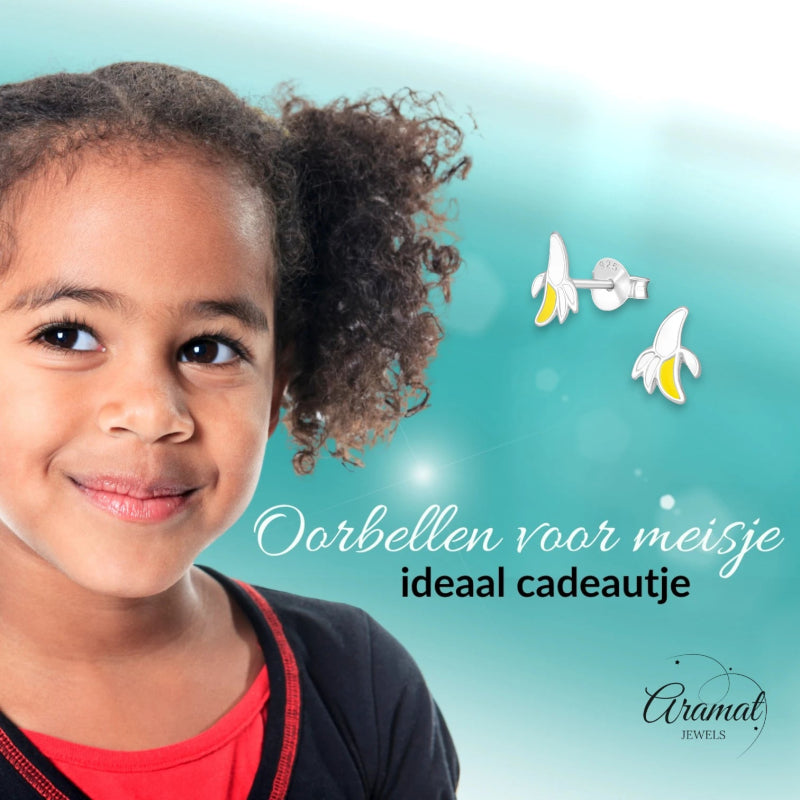 Zilveren kinder oorbellen met banaan - oor4903 - 21954 - Oorbellen kopen# - 8mm - 925 Zilver - alles