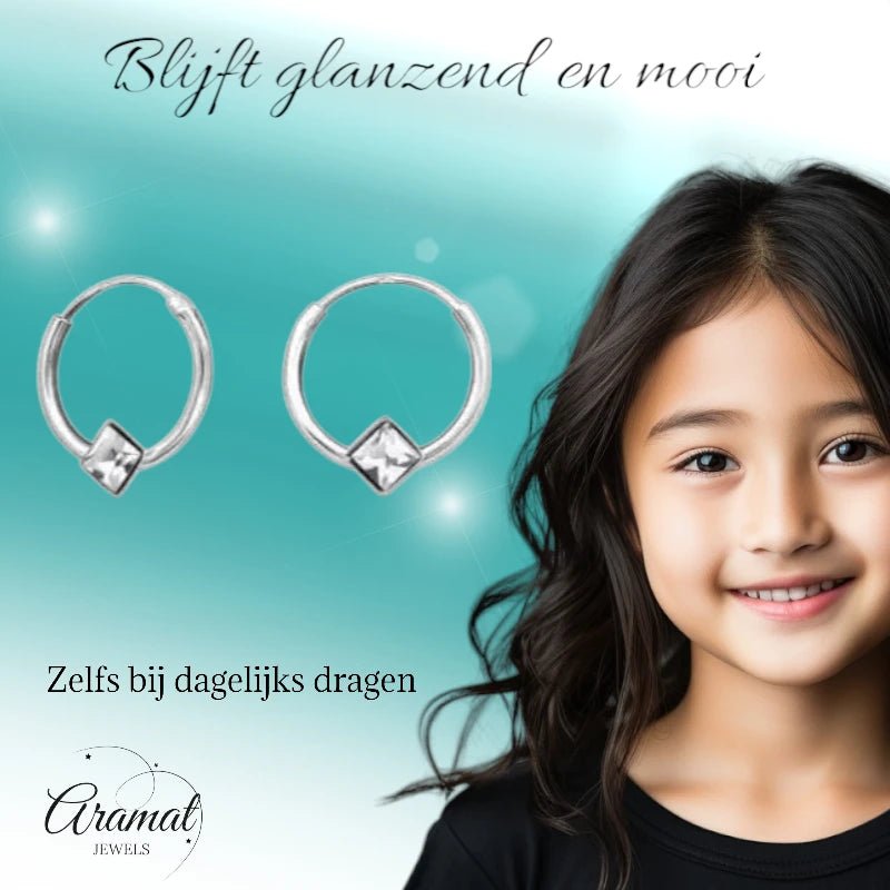 Zilveren Kinder Oorringen - Vierkante Kristal - 10mm - oor474 - Oorringen kopen# - 10mm - 925 Zilver