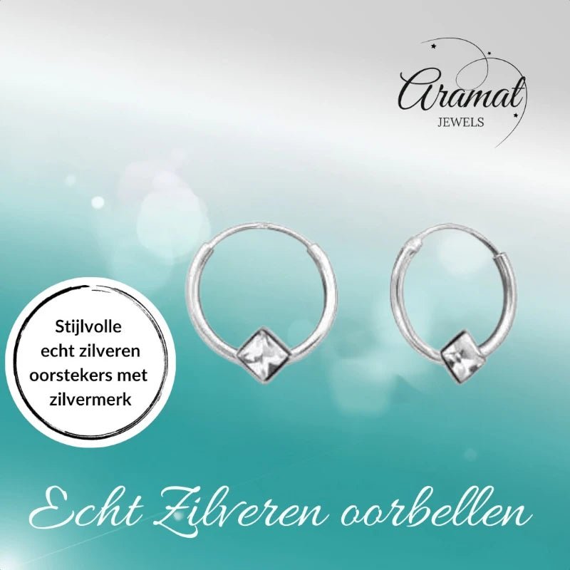 Zilveren Kinder Oorringen - Vierkante Kristal - 10mm - oor474 - Oorringen kopen# - 10mm - 925 Zilver