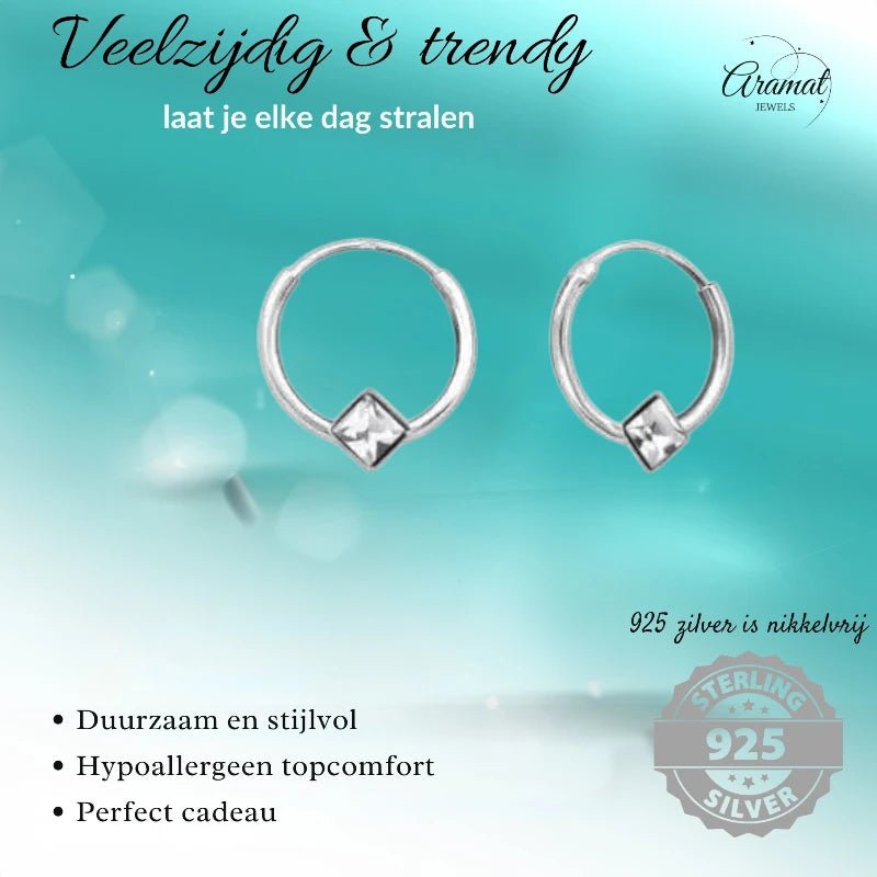 Zilveren Kinder Oorringen - Vierkante Kristal - 10mm - oor474 - Oorringen kopen# - 10mm - 925 Zilver