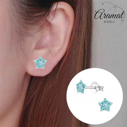 Zilveren Kinderoorbellen Blauwe Glitter Ster 5mm - Aramat Jewels - Oorbellen - cadeautip