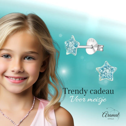 Zilveren Kinderoorbellen Blauwe Glitter Ster 5mm - Aramat Jewels - Oorbellen - cadeautip