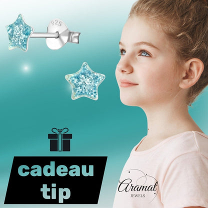 Zilveren Kinderoorbellen Blauwe Glitter Ster 5mm - Aramat Jewels - Oorbellen - cadeautip