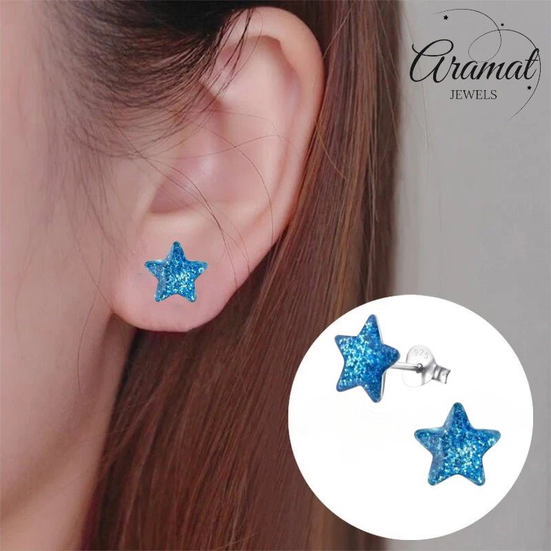 Zilveren Kinderoorbellen Blauwe Glitter Ster 9mm - Aramat Jewels - Oorbellen - cadeautip