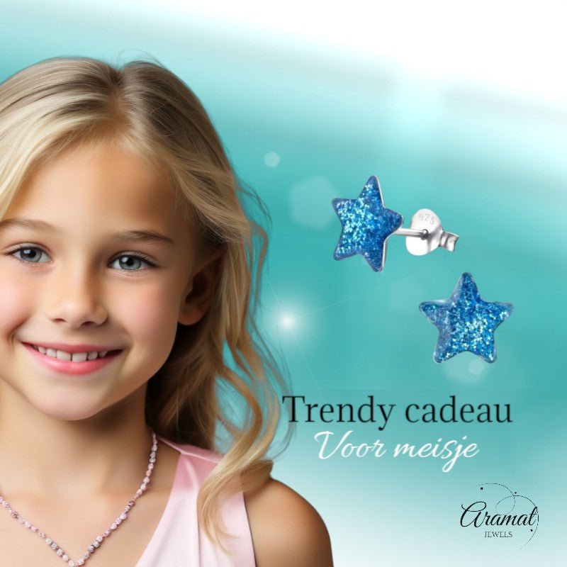Zilveren Kinderoorbellen Blauwe Glitter Ster 9mm - Aramat Jewels - Oorbellen - cadeautip