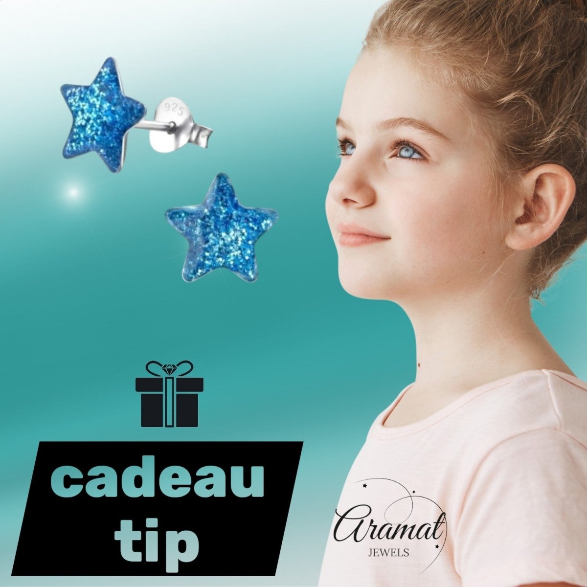 Zilveren Kinderoorbellen Blauwe Glitter Ster 9mm - Aramat Jewels - Oorbellen - cadeautip