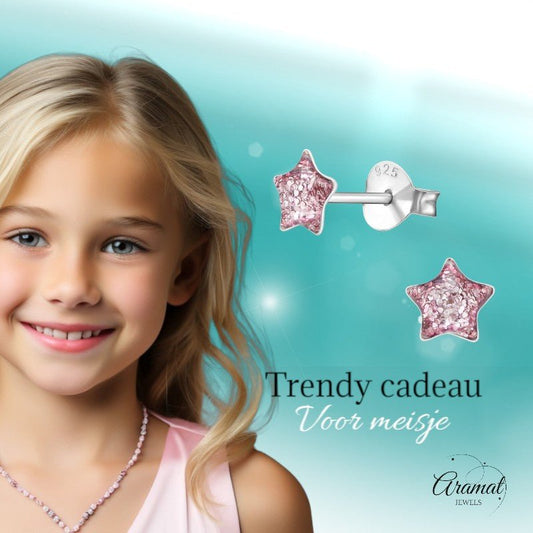 Zilveren Kinderoorbellen Paarse Glitter Ster 5mm - Aramat Jewels - Oorbellen - cadeautip