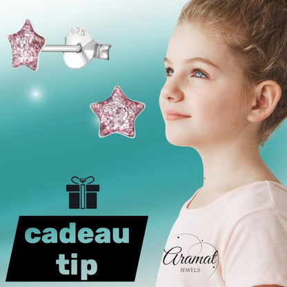 Zilveren Kinderoorbellen Paarse Glitter Ster 5mm - Aramat Jewels - Oorbellen - cadeautip