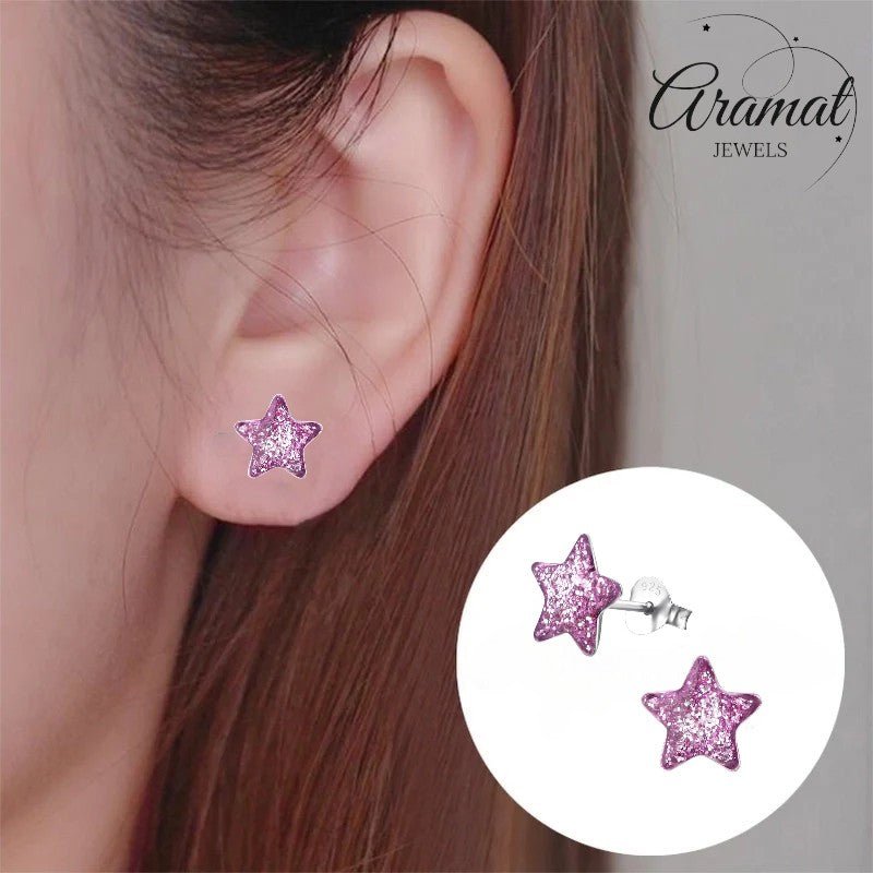 Zilveren Kinderoorbellen Paarse Glitter Ster 9mm - Aramat Jewels - Oorbellen - cadeautip