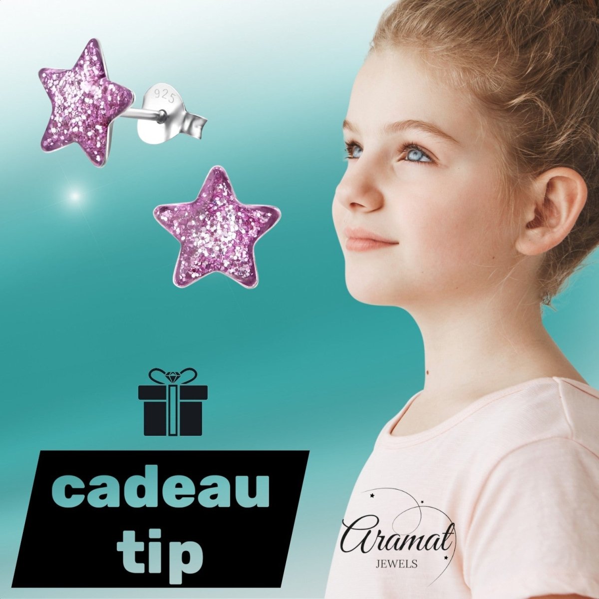 Zilveren Kinderoorbellen Paarse Glitter Ster 9mm - Aramat Jewels - Oorbellen - cadeautip