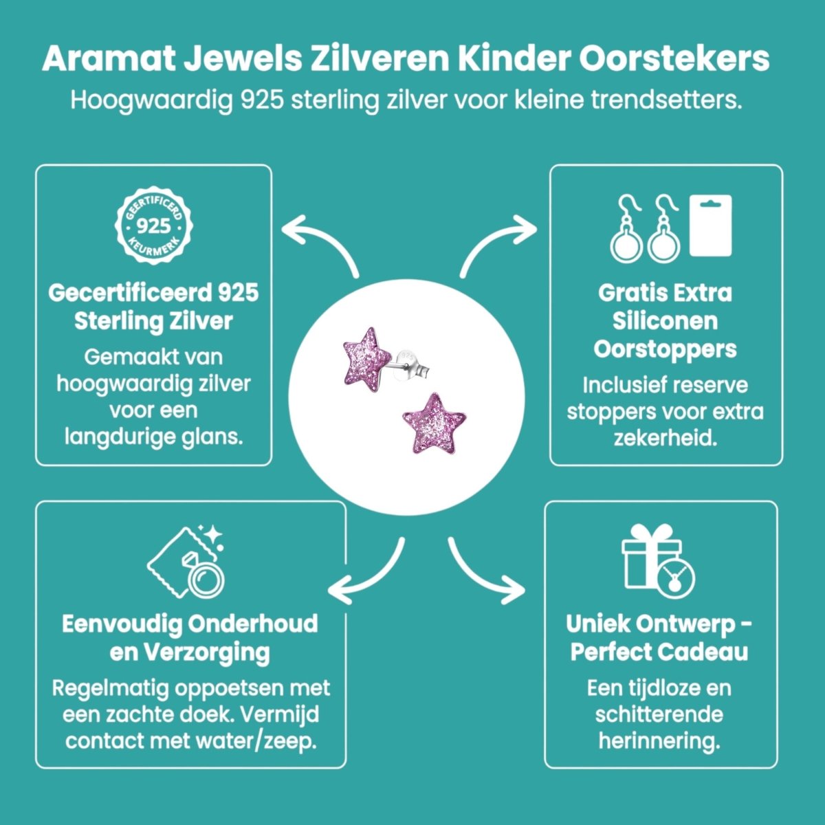 Zilveren Kinderoorbellen Paarse Glitter Ster 9mm - Aramat Jewels - Oorbellen - cadeautip
