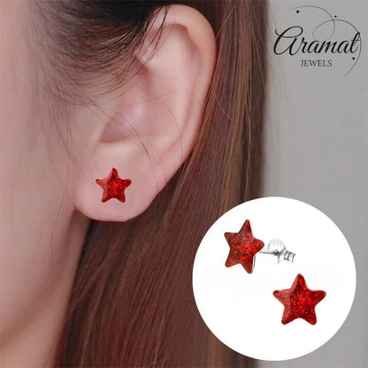 Zilveren Kinderoorbellen Rode Glitter Ster 9mm - Aramat Jewels - Oorbellen - cadeautip