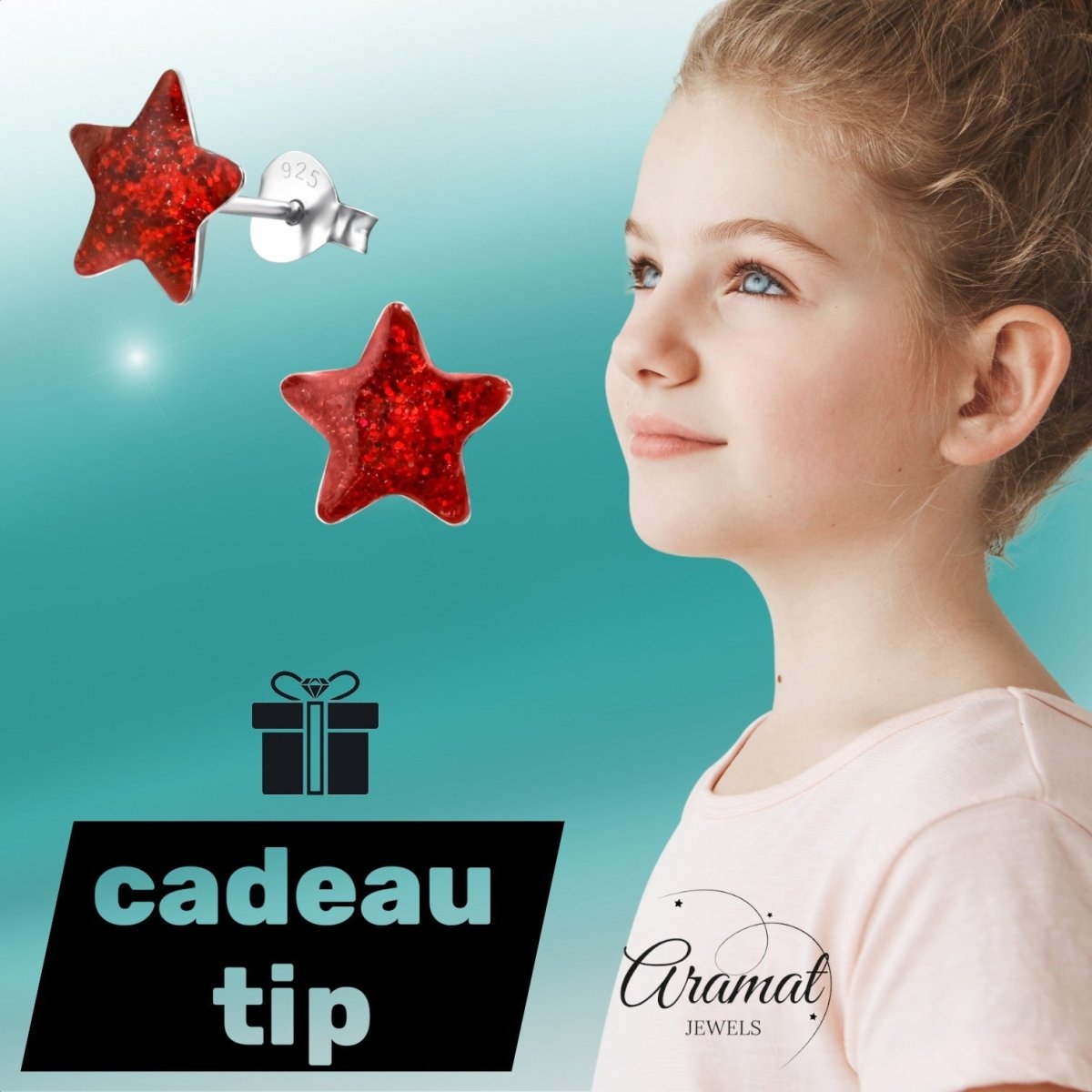 Zilveren Kinderoorbellen Rode Glitter Ster 9mm - Aramat Jewels - Oorbellen - cadeautip