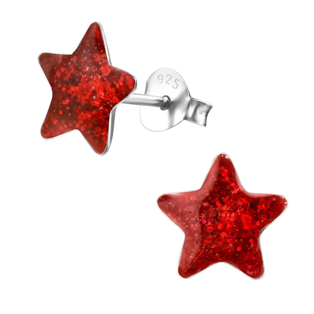 Zilveren Kinderoorbellen Rode Glitter Ster 9mm - Aramat Jewels - Oorbellen - cadeautip