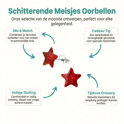 Zilveren Kinderoorbellen Rode Glitter Ster 9mm - Aramat Jewels - Oorbellen - cadeautip