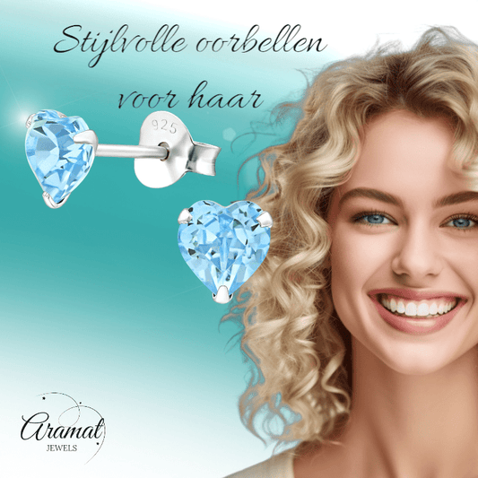 Zilveren Kristal Hartjes Oorbellen Licht Blauw - oor2228 - 24394 - Oorbellen kopen# - 5mm - 925 Zilver - alles