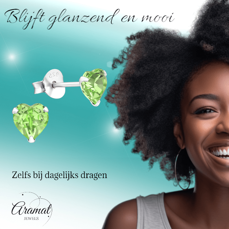 Zilveren Kristal Hartjes Oorbellen Peridot Groen - oor2019 - 24394 - Oorbellen kopen# - 5mm - 925 Zilver - alles