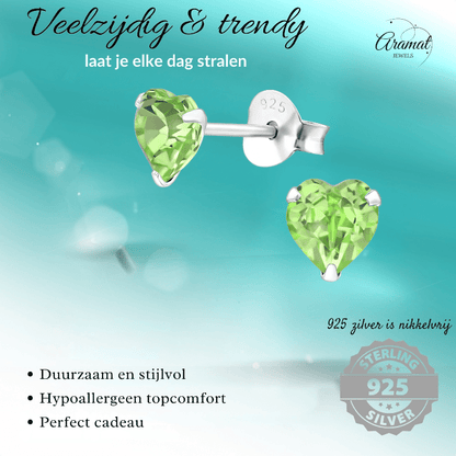 Zilveren Kristal Hartjes Oorbellen Peridot Groen - oor2019 - 24394 - Oorbellen kopen# - 5mm - 925 Zilver - alles