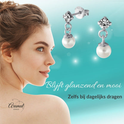 Zilveren Kristal Oorbellen met Parelhanger - Aramat Jewels - Oorbellen - cadeautip