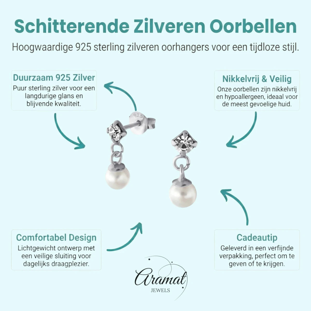 Zilveren Kristal Oorbellen met Parelhanger - Aramat Jewels - Oorbellen - cadeautip