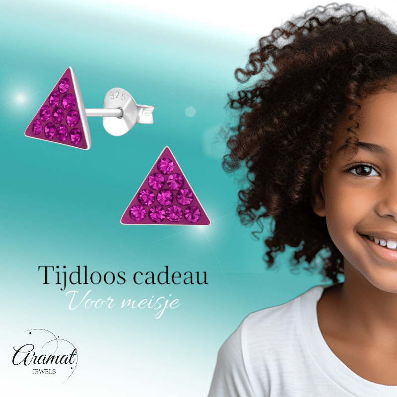 Zilveren Kristallen Oorbellen Driehoek - Donker Roze - Aramat Jewels - Oorbellen - cadeautip