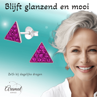 Zilveren Kristallen Oorbellen Driehoek - Donker Roze - Aramat Jewels - Oorbellen - cadeautip
