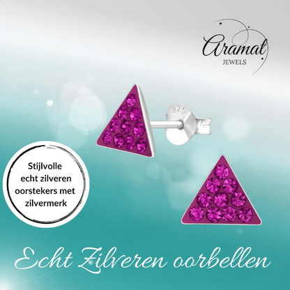 Zilveren Kristallen Oorbellen Driehoek - Donker Roze - Aramat Jewels - Oorbellen - cadeautip