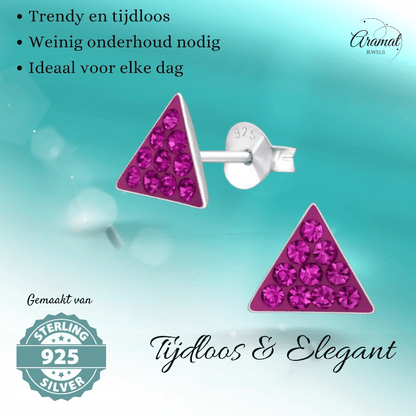 Zilveren Kristallen Oorbellen Driehoek - Donker Roze - Aramat Jewels - Oorbellen - cadeautip