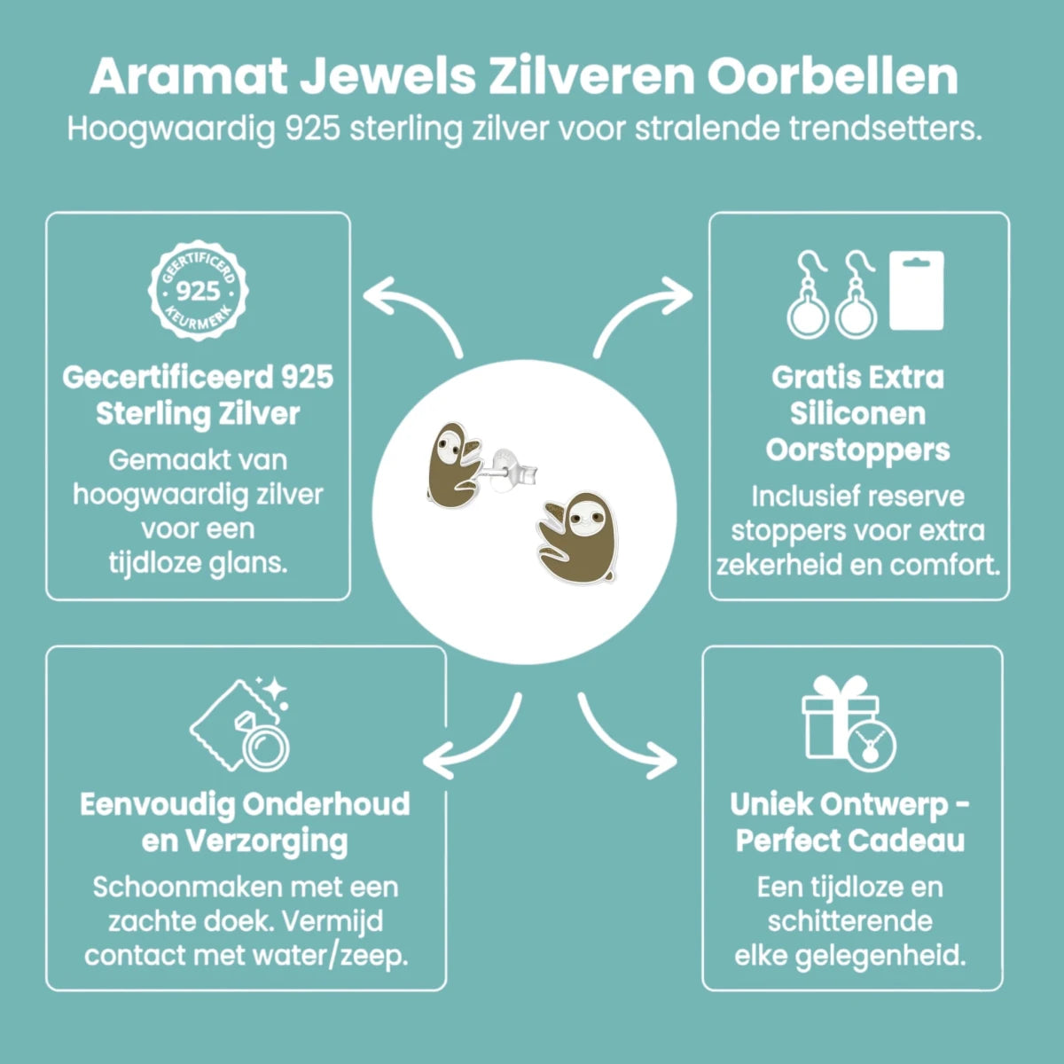 Zilveren Luiaard Oorbellen - Bruin/Beige Emaille - Aramat Jewels - Oorbellen - cadeautip
