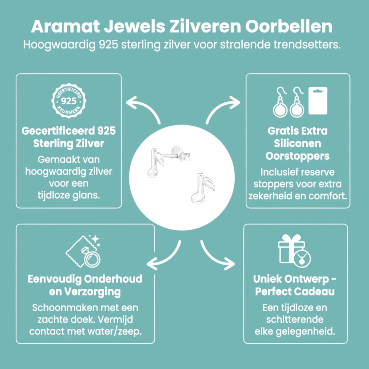 Zilveren Muzieknoot Oorstekers 7×6 mm - Aramat Jewels - Oorbellen - cadeautip