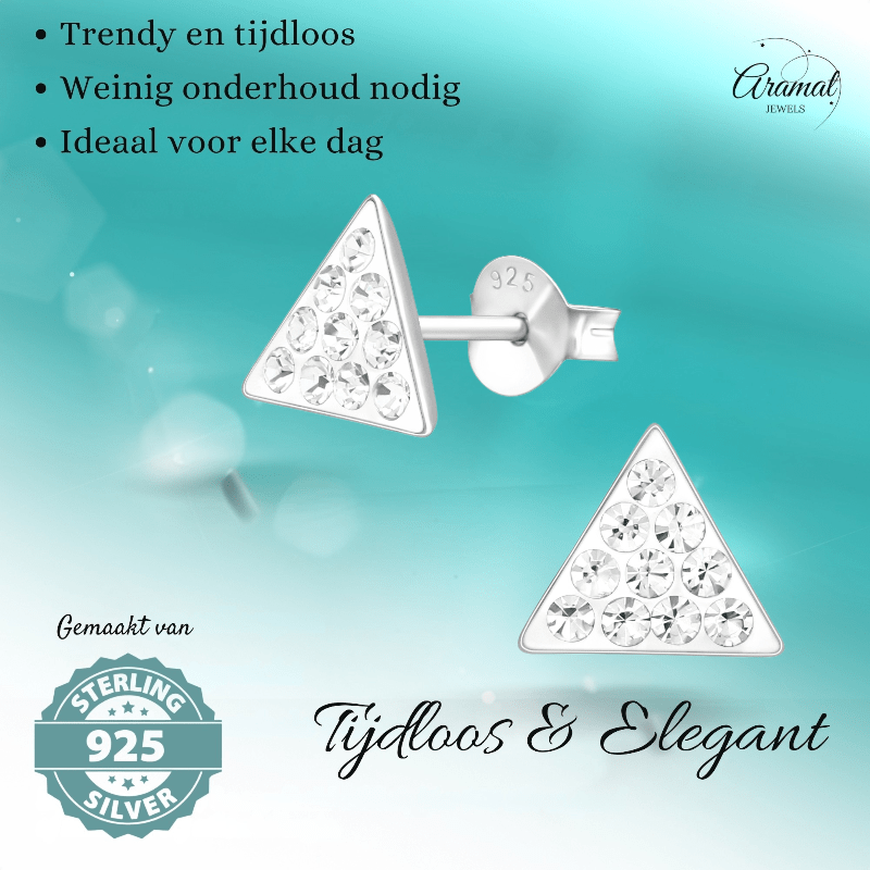 Zilveren oorbellen driehoek met kristalsteentjes - Aramat Jewels - Oorbellen - cadeautip