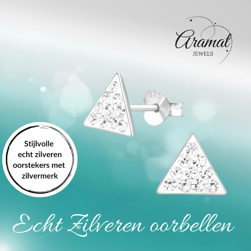 Zilveren oorbellen driehoek met kristalsteentjes - Aramat Jewels - Oorbellen - cadeautip