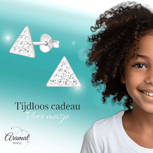Zilveren oorbellen driehoek met kristalsteentjes - Aramat Jewels - Oorbellen - cadeautip