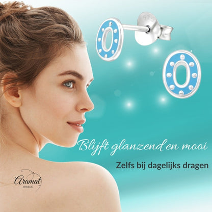 Zilveren oorbellen ovaal - blauw emaille - Aramat Jewels - Oorbellen - cadeautip