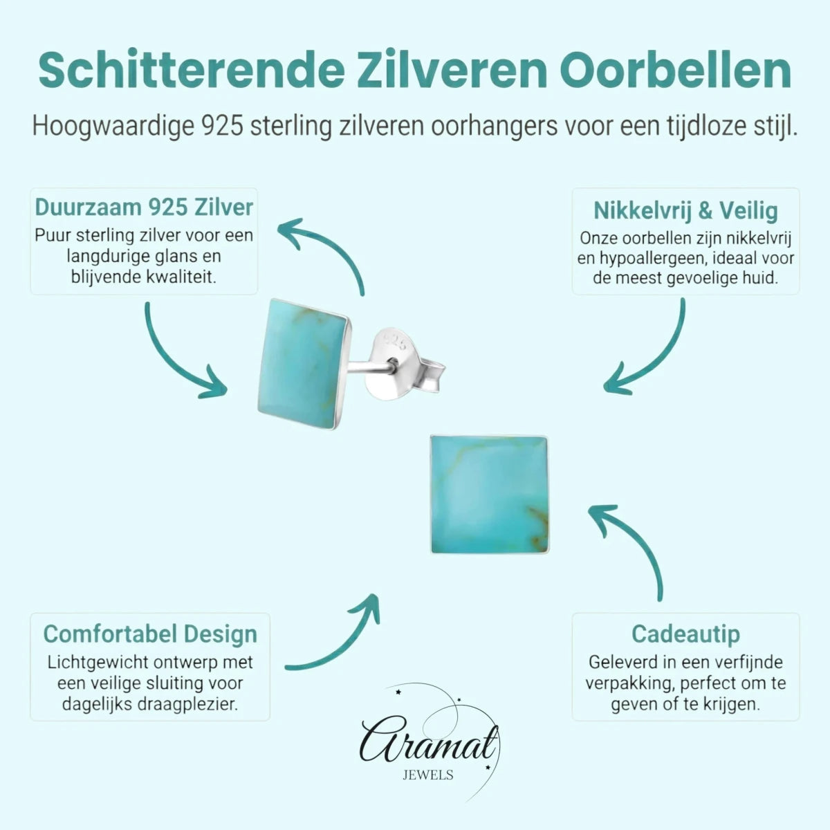 Zilveren oorbellen vierkant blauw - Aramat Jewels - Oorbellen - cadeautip