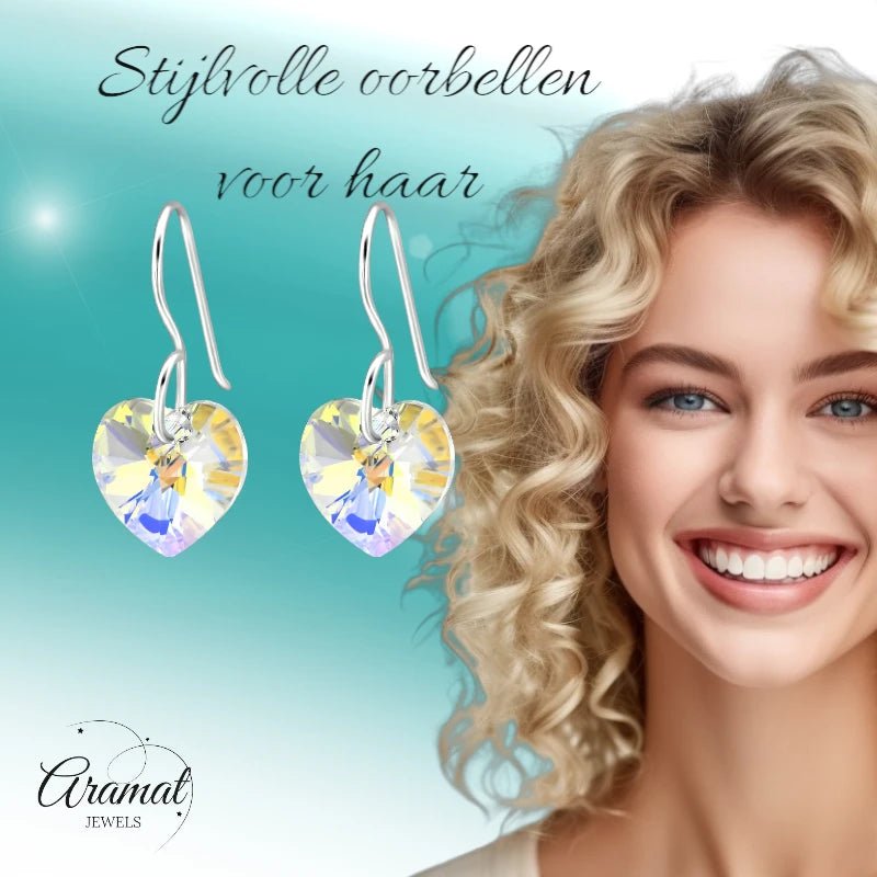 Zilveren Oorhangers Hart met Kristal | 10mm | AB Transparant - oor4518 - 27941 - Oorhangers kopen# - 20mm - 925 Zilver - AB