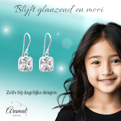 Zilveren Oorhangers met Vierkante Zirkonia - 20mm - oor1161 - 23938 - Oorhangers kopen# - 20mm - 925 Zilver