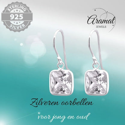 Zilveren Oorhangers met Vierkante Zirkonia - 20mm - oor1161 - 23938 - Oorhangers kopen# - 20mm - 925 Zilver