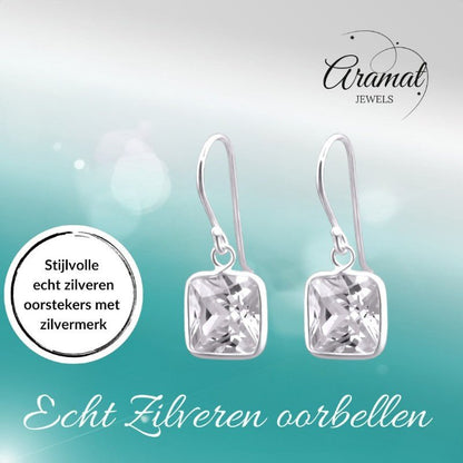 Zilveren Oorhangers met Vierkante Zirkonia - 20mm - oor1161 - 23938 - Oorhangers kopen# - 20mm - 925 Zilver