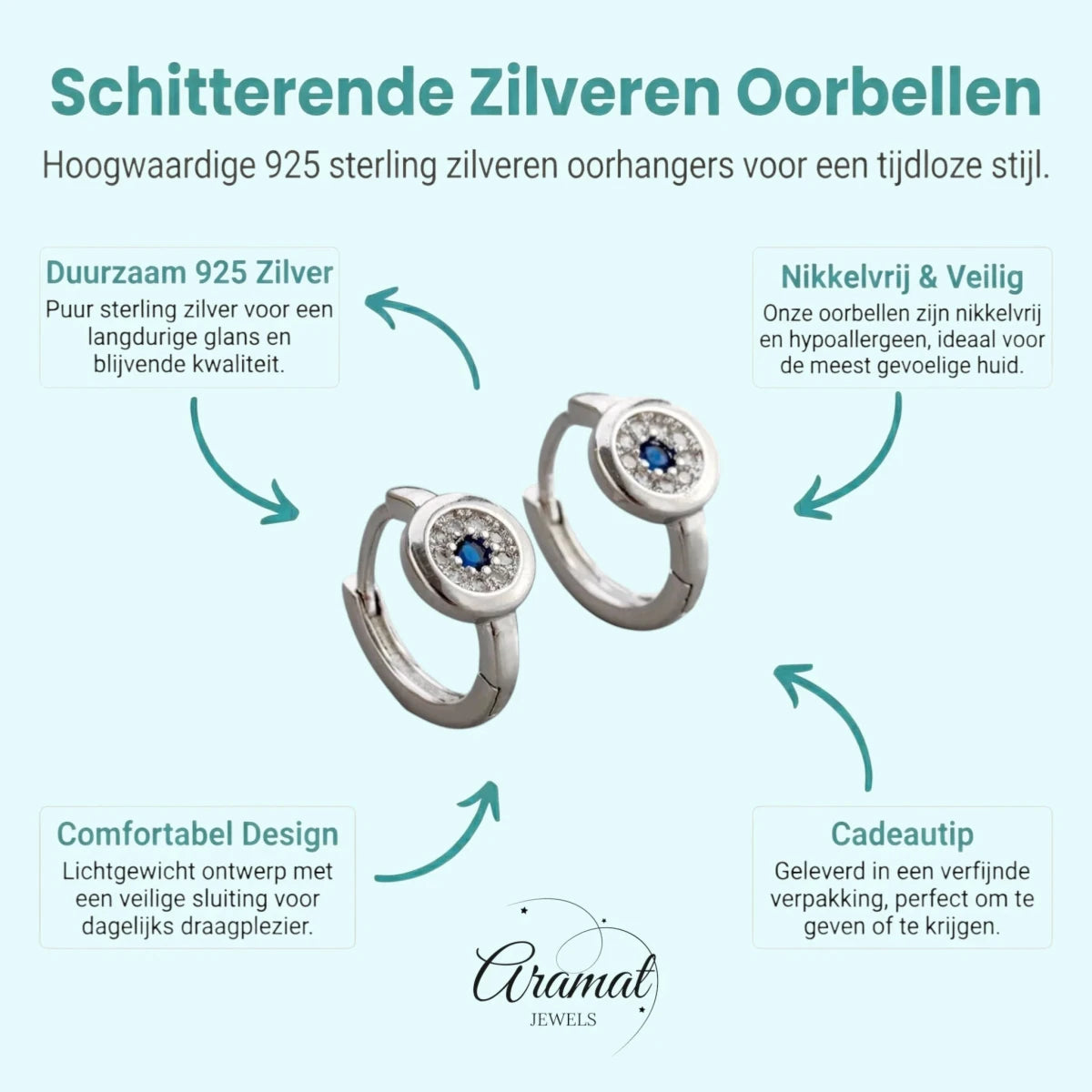 Zilveren Oorringetjes met Blauwe en Transparante Zirkonia - Aramat Jewels - Oorringen - cadeautip