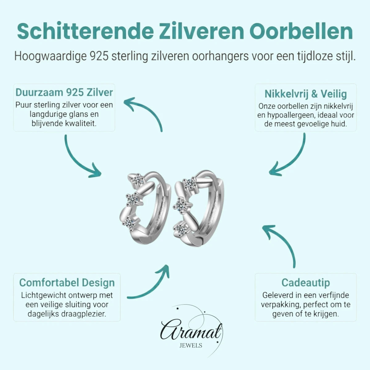 Zilveren Oorringetjes met Zirkonia Steentjes en Zigzag Patroon - Aramat Jewels - Oorringen - cadeautip