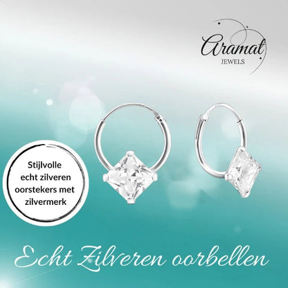 Zilveren Oorringetjes - Vierkante Zirkonia - 12mm - oor471 - 13865 - Oorringen kopen# - 12mm - 925 Zilver